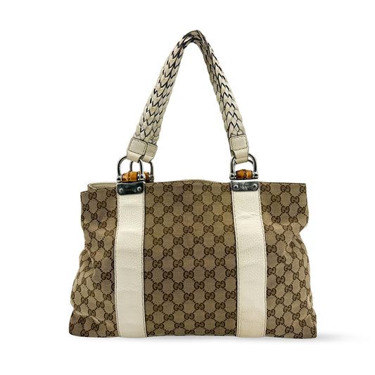 Gucci GG Canvas Bamboo Tote Bag White
