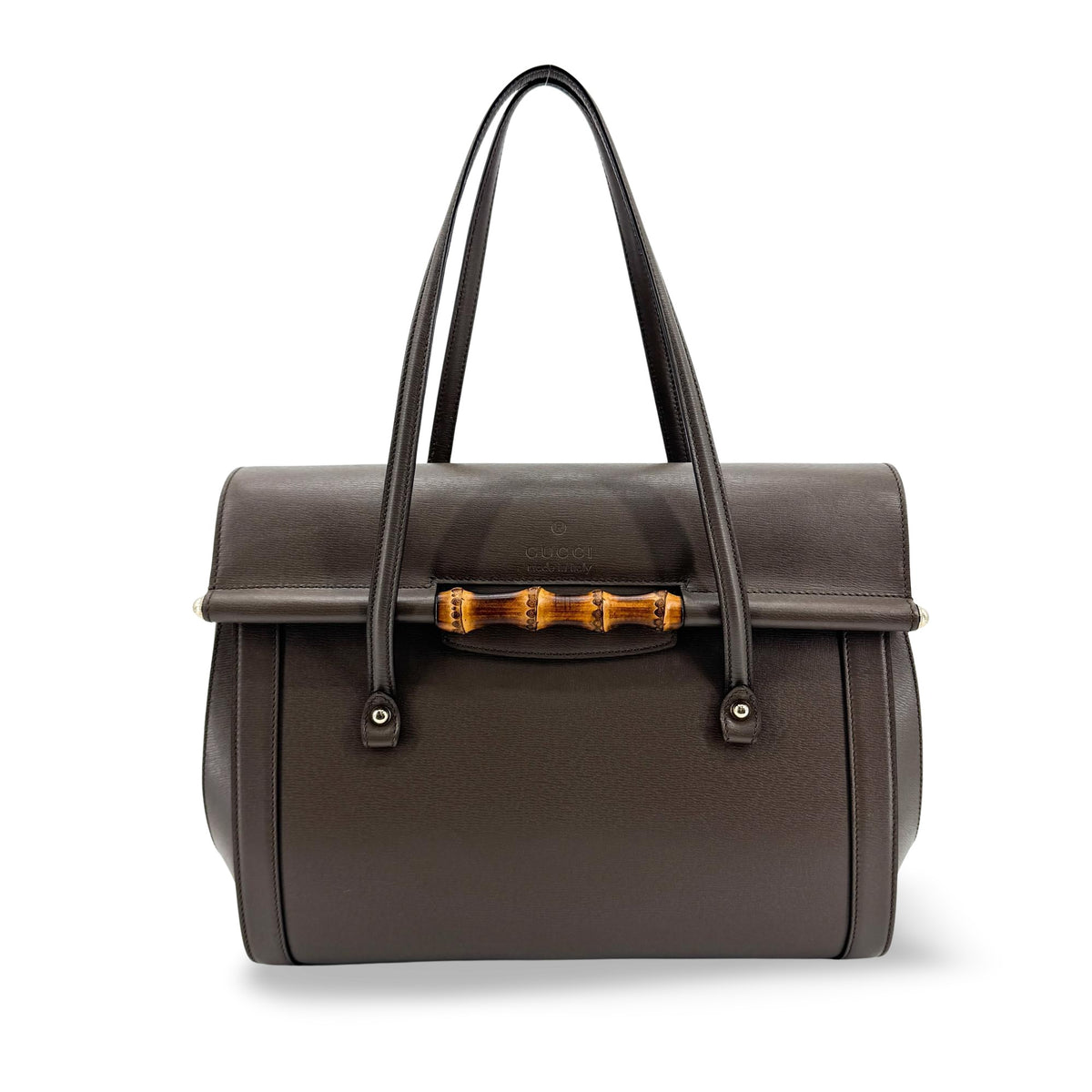 Gucci Vintage Bamboo Leather Flap Crossbody Bag Dark Brown