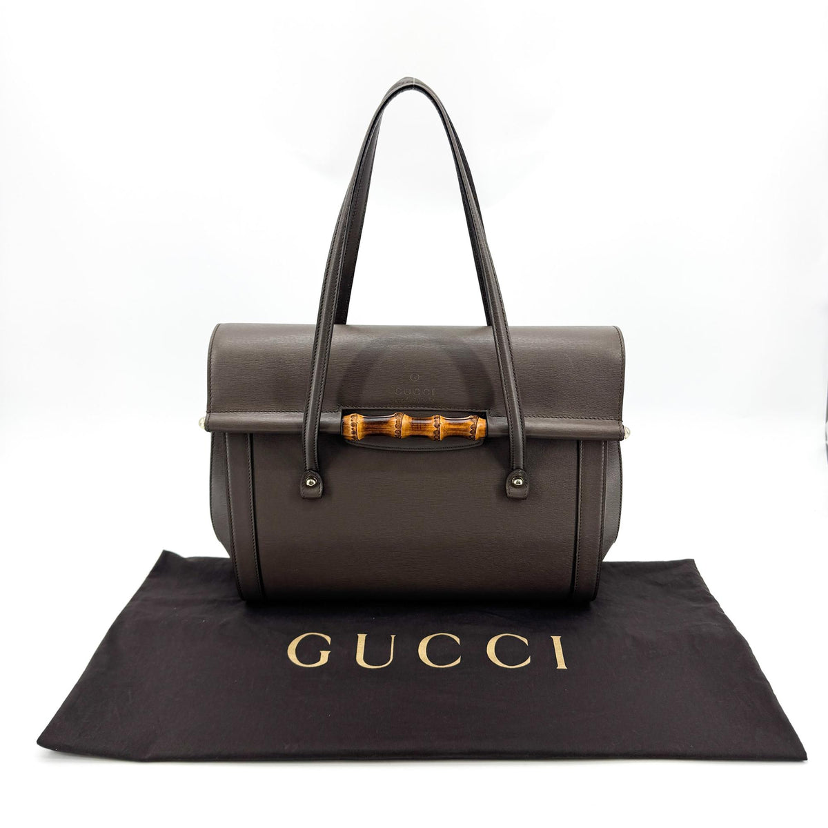 Gucci Vintage Bamboo Leather Flap Crossbody Bag Dark Brown