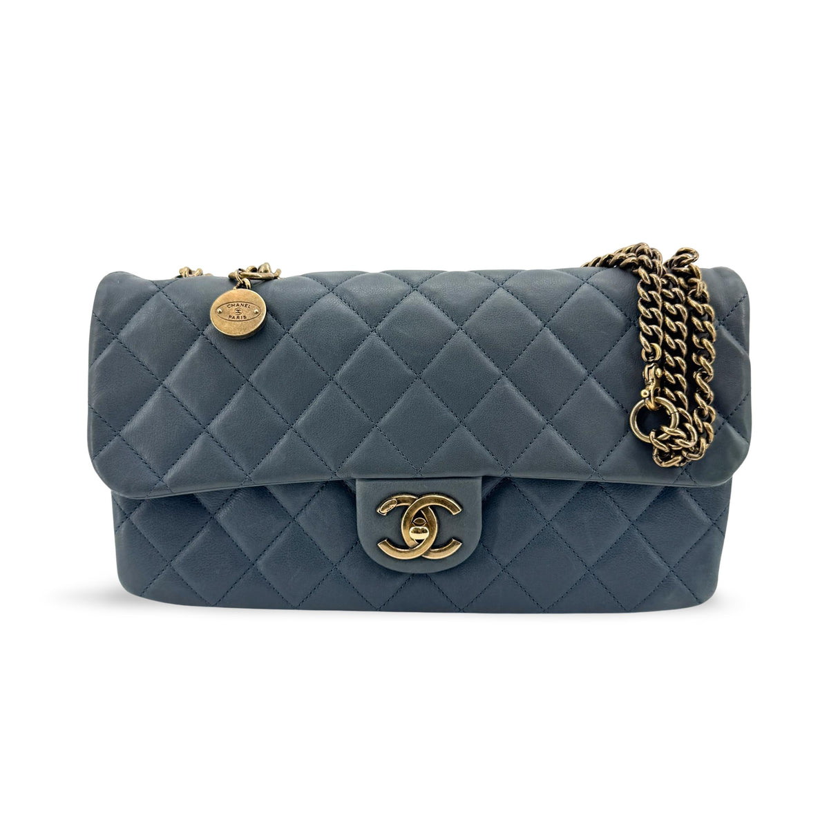 Chanel CC Crown Flap Shoulder Bag Blue Gold Hardware