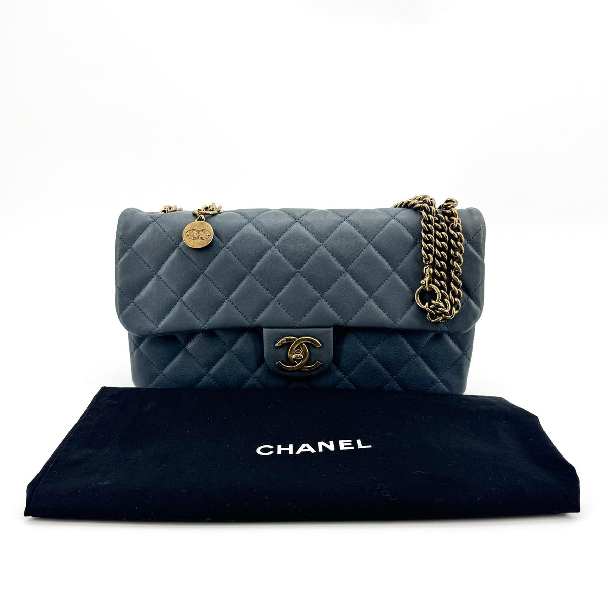 Chanel CC Crown Flap Shoulder Bag Blue Gold Hardware