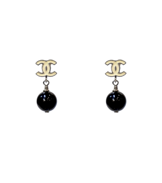 Chanel Beaded Drop CC Silver Earrings