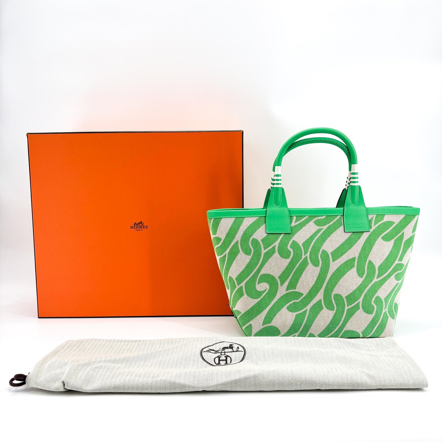 Sac cabas Hermès Stipple 28 Ecru Vert