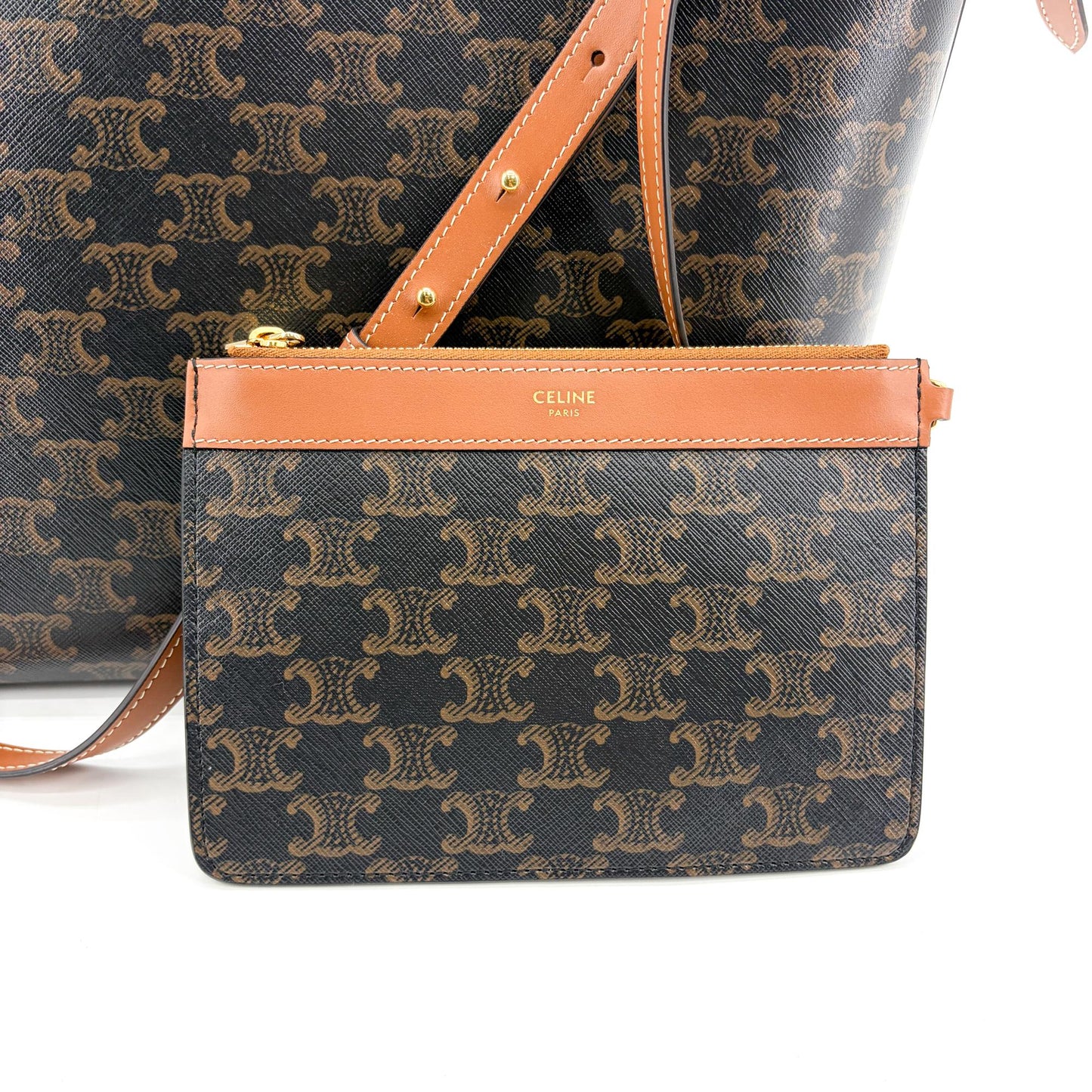 Celine Medium Bucket Bag Triomphe Canvas and Calfskin Tan