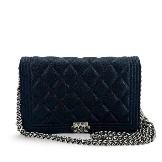 Chanel Boy Wallet on Chain Caviar Silver Hardware Navy