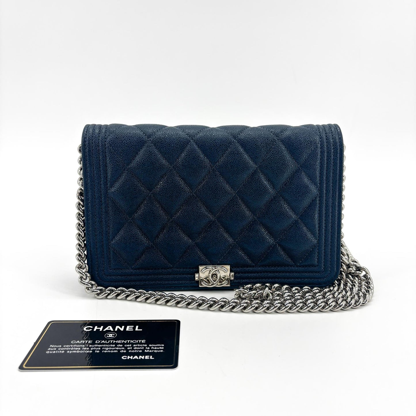Chanel Boy Wallet on Chain Caviar Silver Hardware Navy