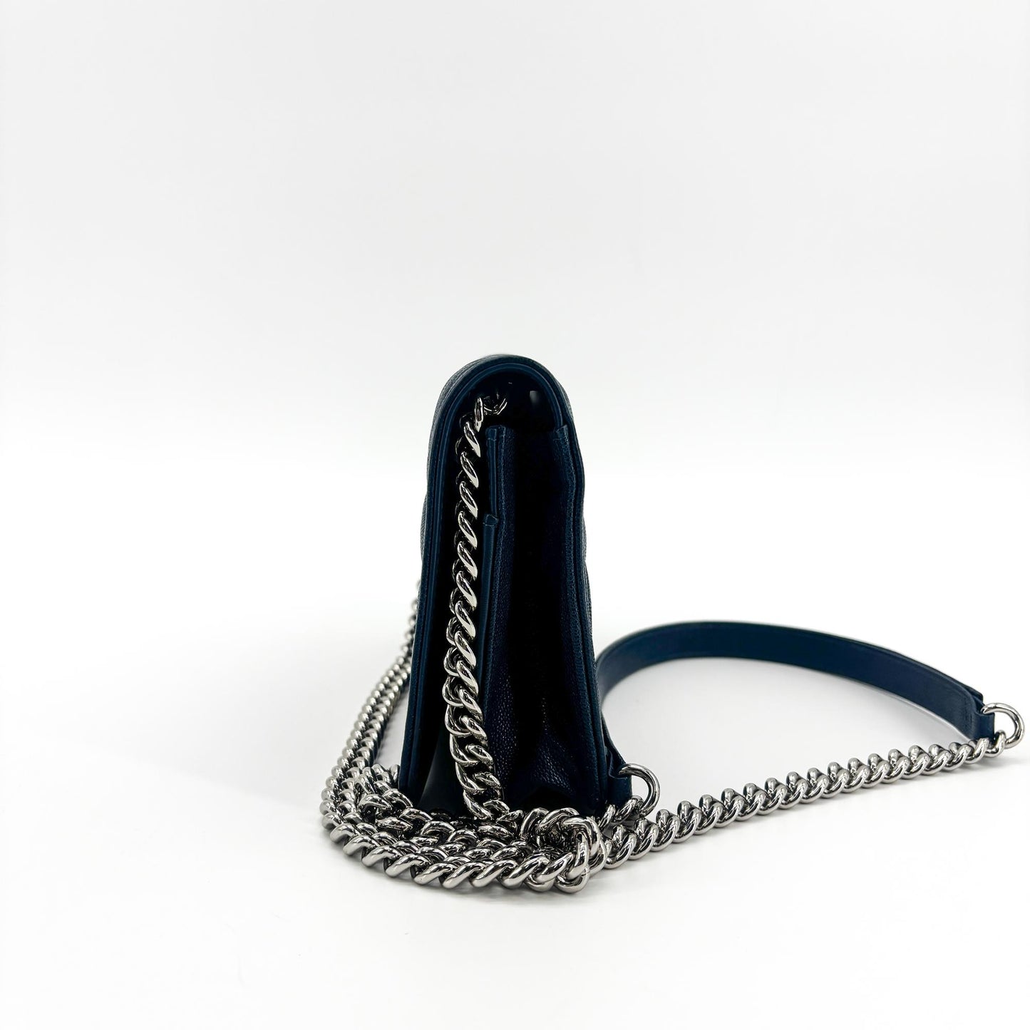 Chanel Boy Wallet on Chain Caviar Silver Hardware Navy