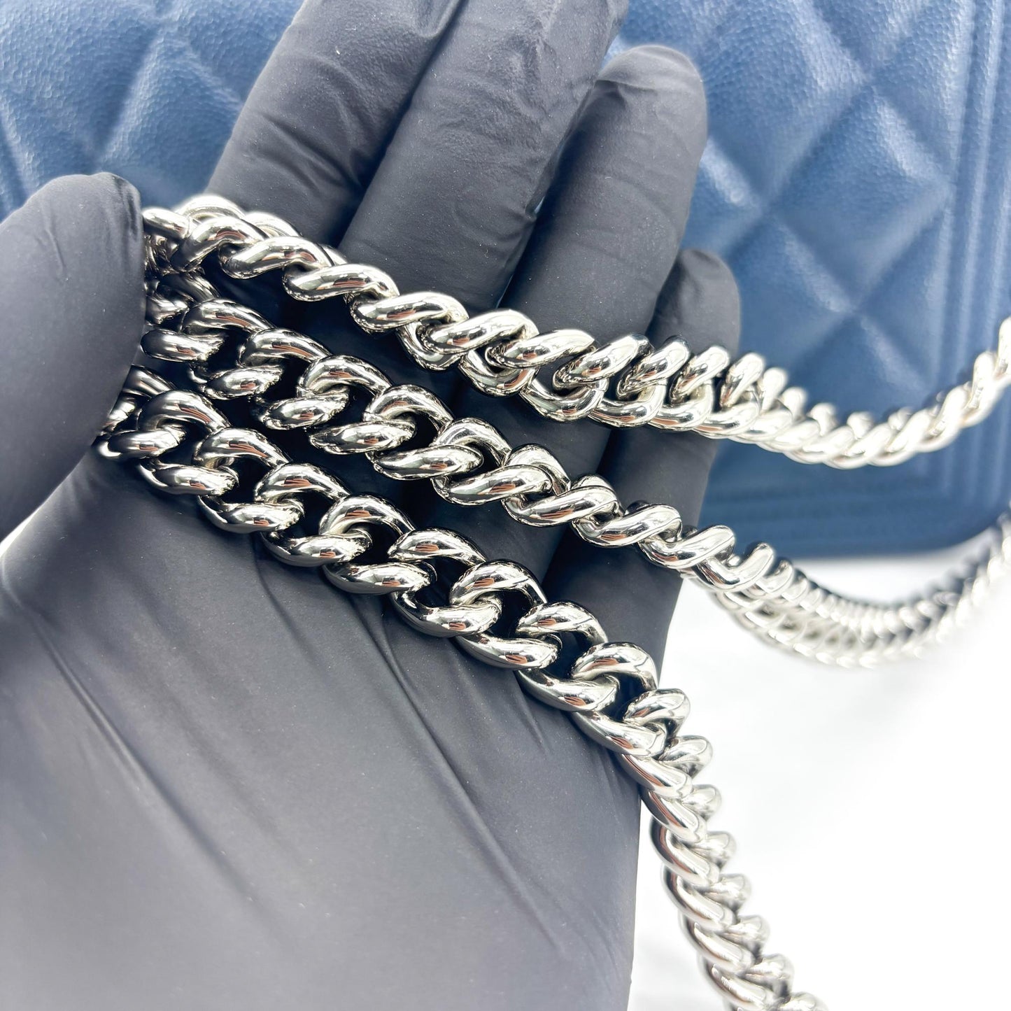 Chanel Boy Wallet on Chain Caviar Silver Hardware Navy