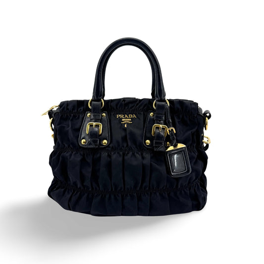 Prada Tessuto Gaufre Tote Bag Black with Gold Hardware