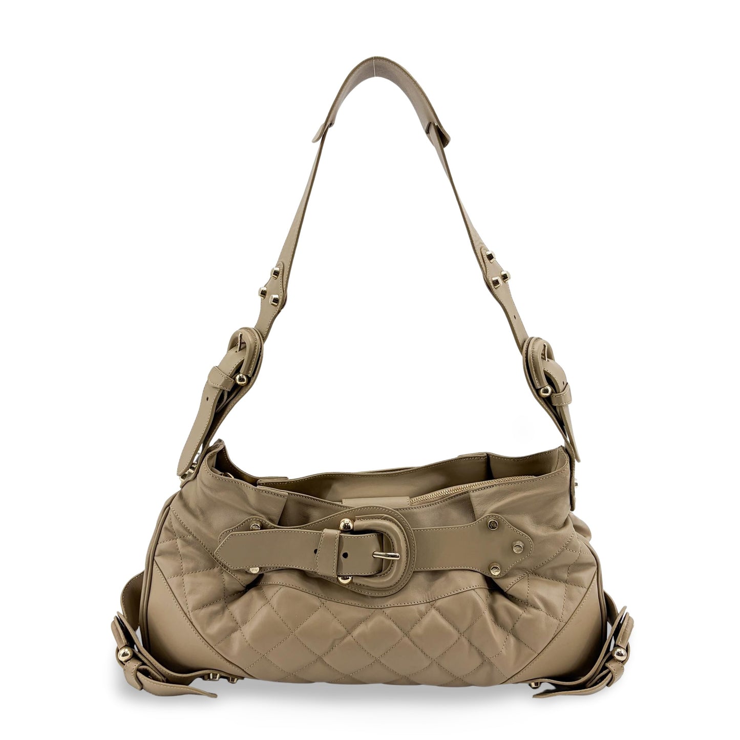 Burberry Quilted Lambskin Leather Buckle Hobo Bag Taupe