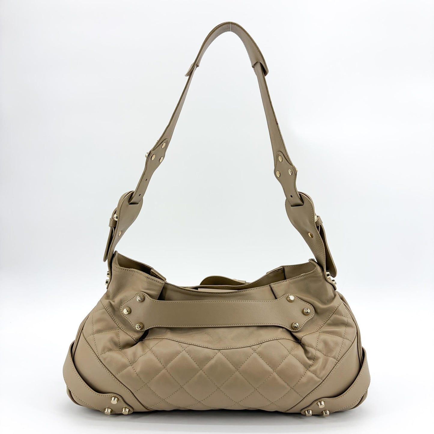 Burberry Quilted Lambskin Leather Buckle Hobo Bag Taupe