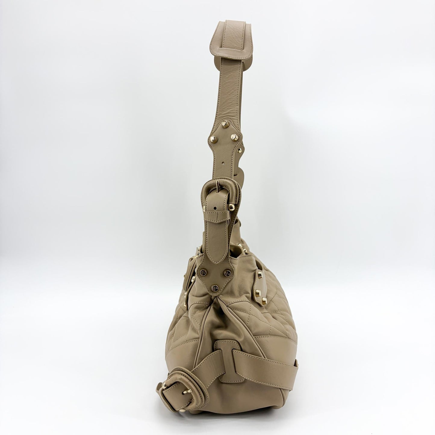 Burberry Quilted Lambskin Leather Buckle Hobo Bag Taupe
