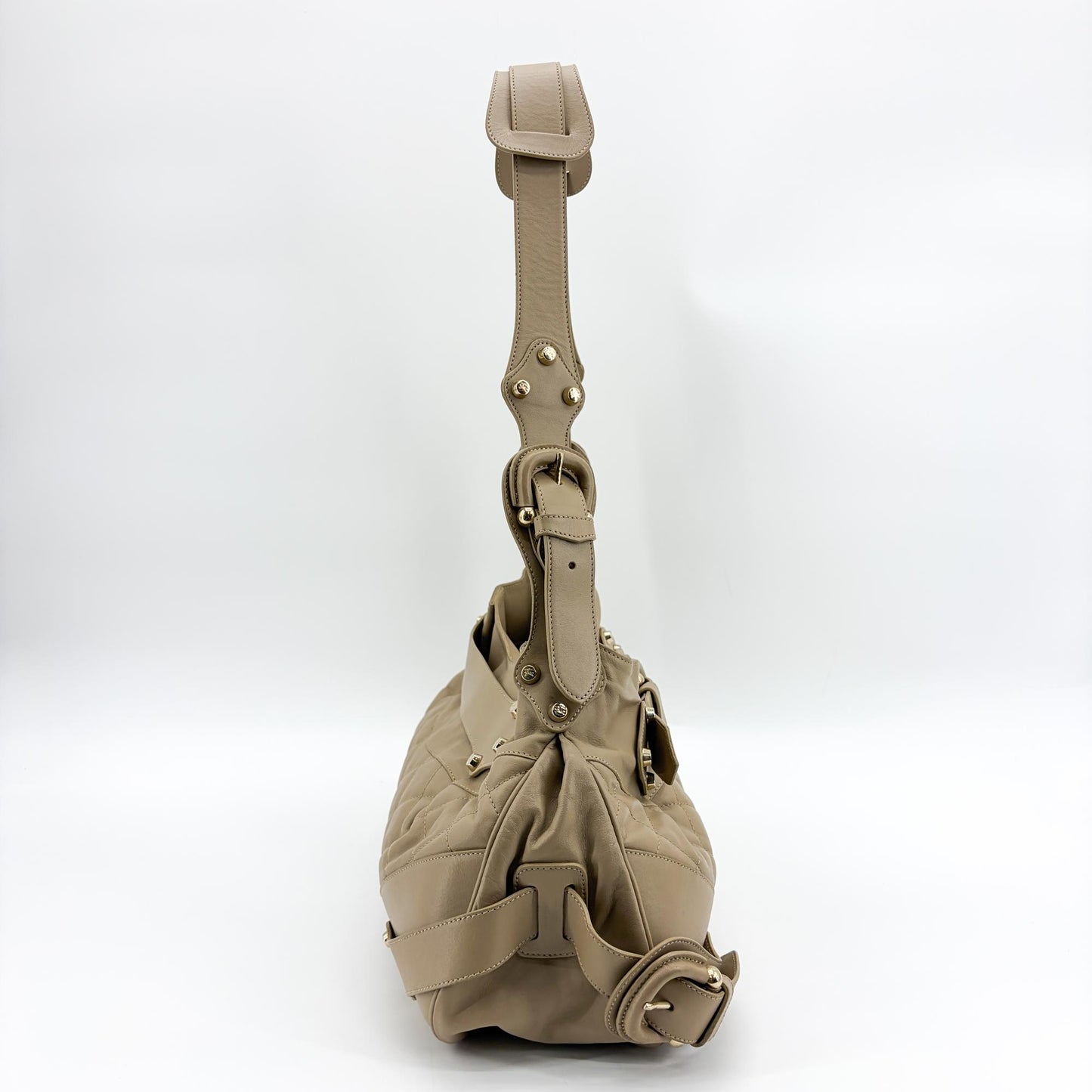 Burberry Quilted Lambskin Leather Buckle Hobo Bag Taupe