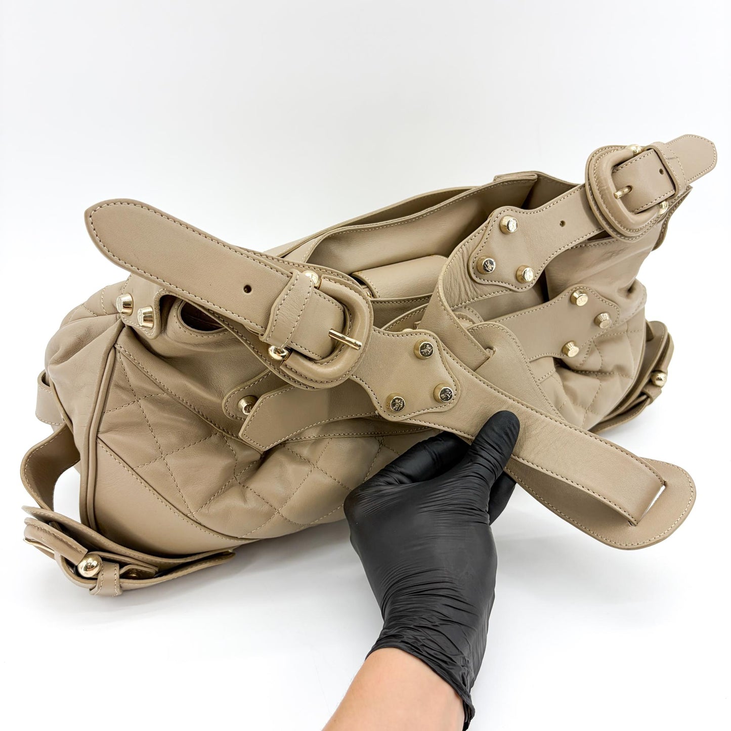 Burberry Quilted Lambskin Leather Buckle Hobo Bag Taupe
