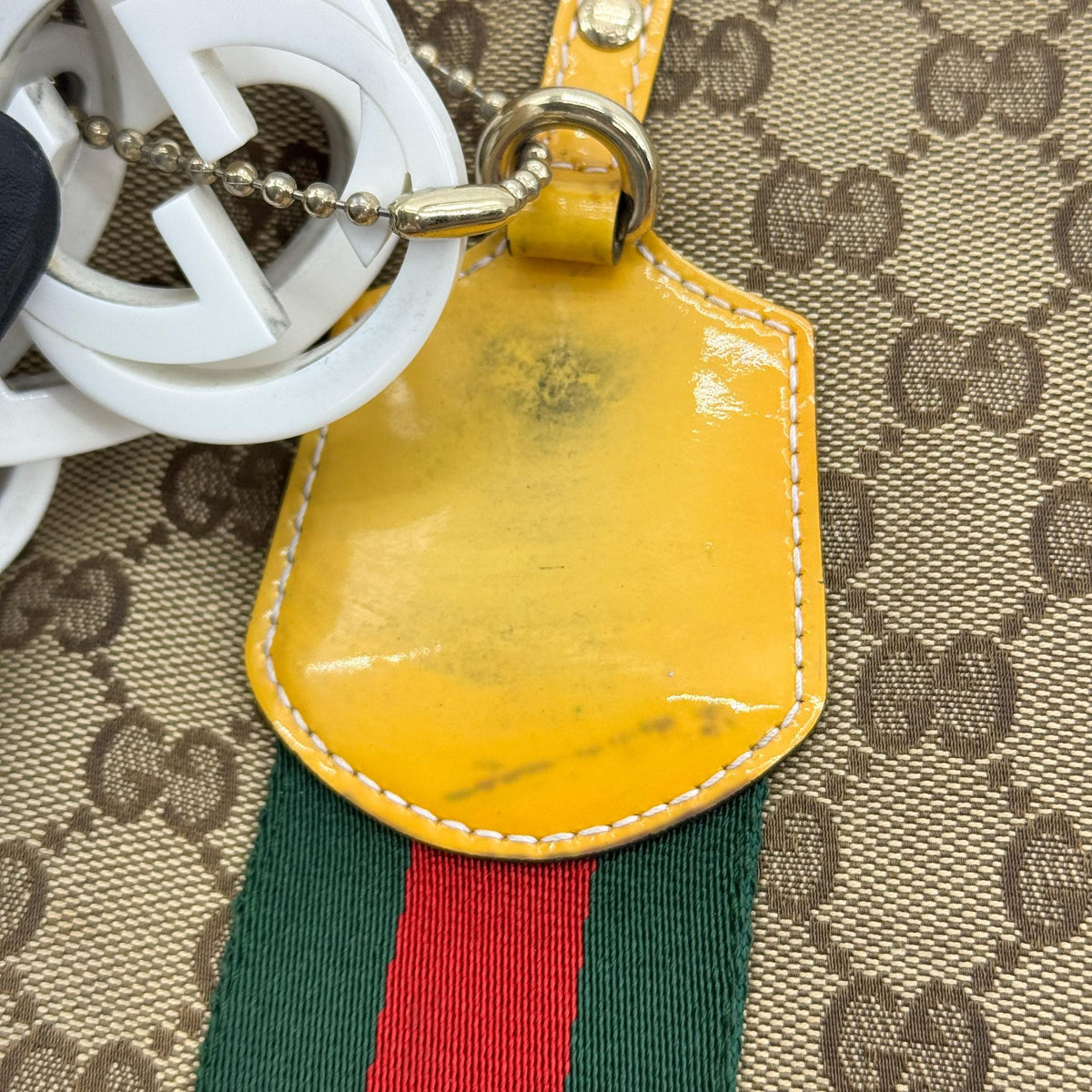 Gucci GG Canvas Web Jolie Patent Tote Bag Beige Yellow