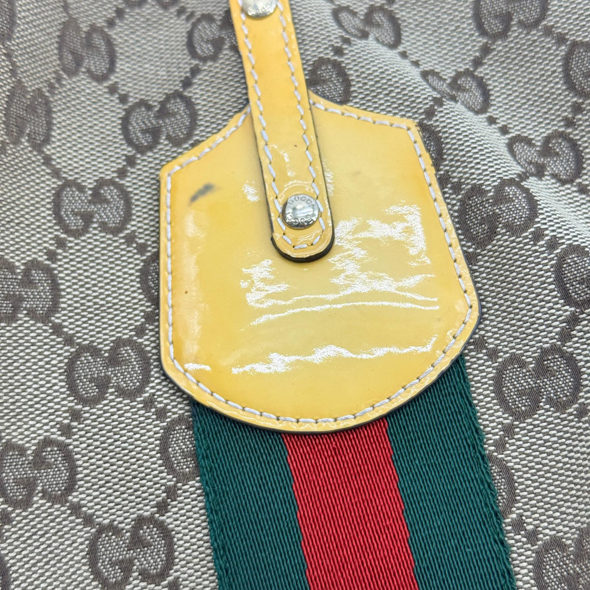 Gucci GG Canvas Web Jolie Patent Tote Bag Beige Yellow