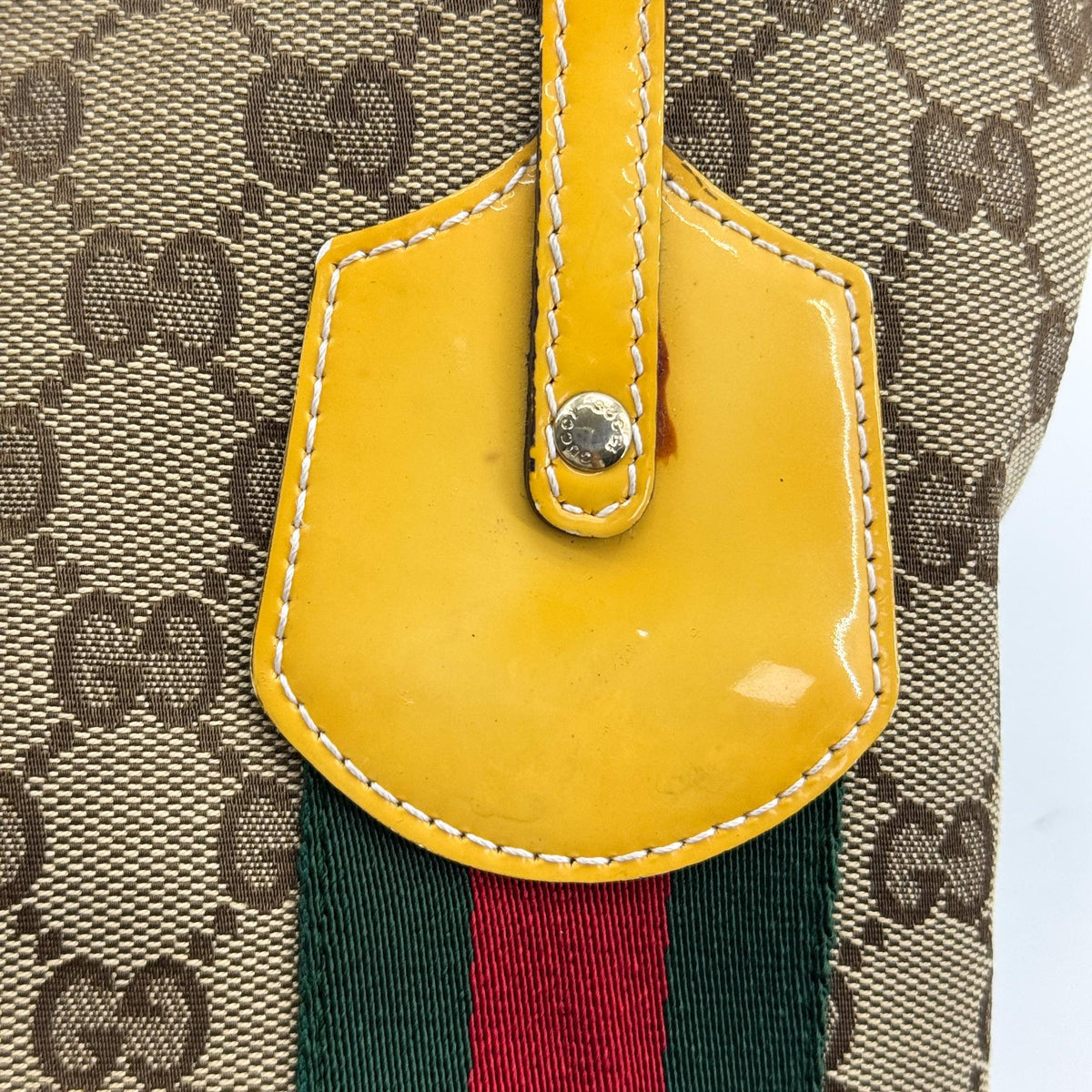 Gucci GG Canvas Web Jolie Patent Tote Bag Beige Yellow