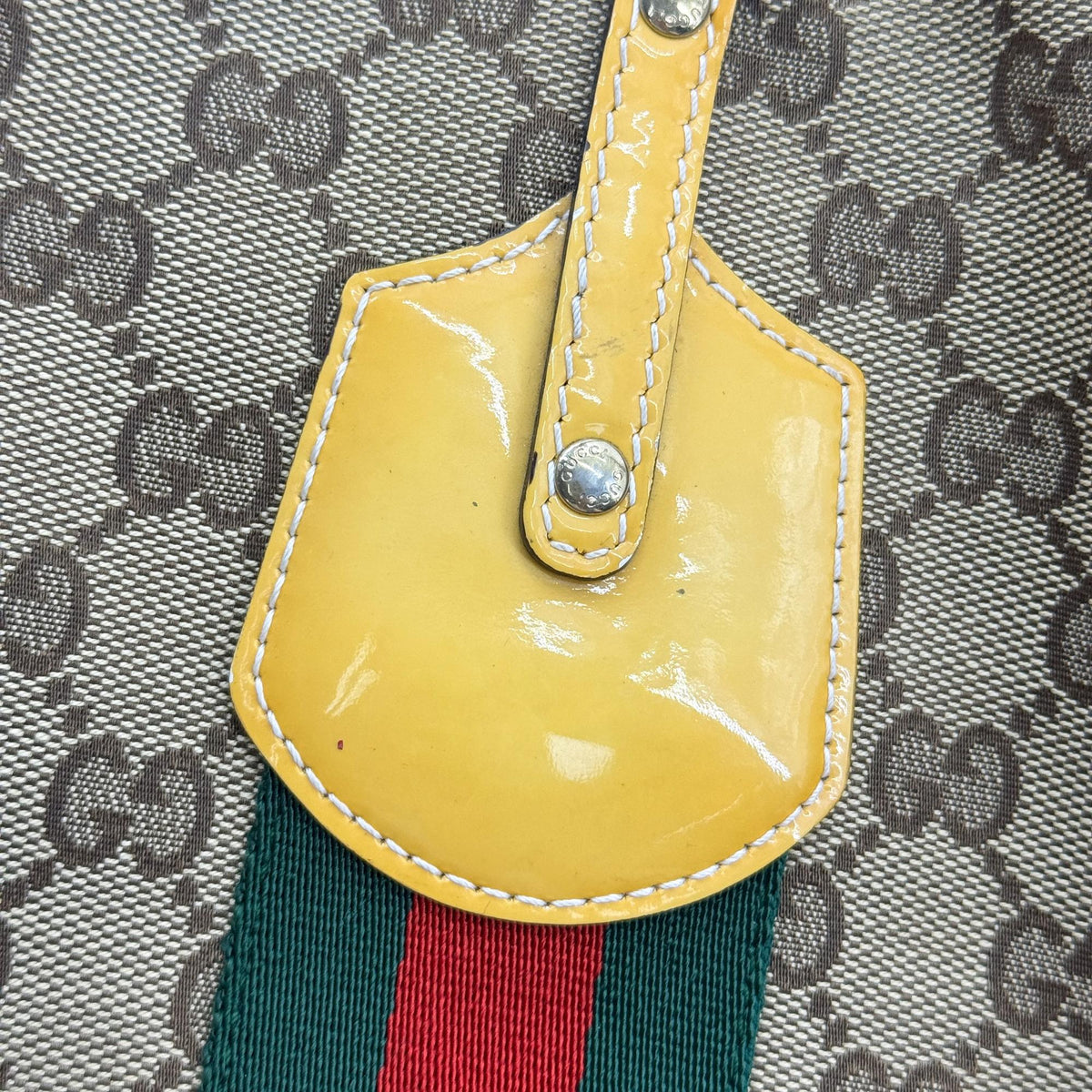Gucci GG Canvas Web Jolie Patent Tote Bag Beige Yellow