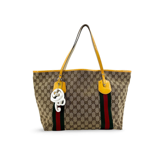 Gucci GG Canvas Web Jolie Patent Tote Bag Beige Yellow