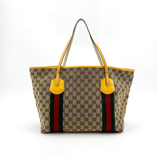 Gucci GG Canvas Web Jolie Patent Tote Bag Beige Yellow