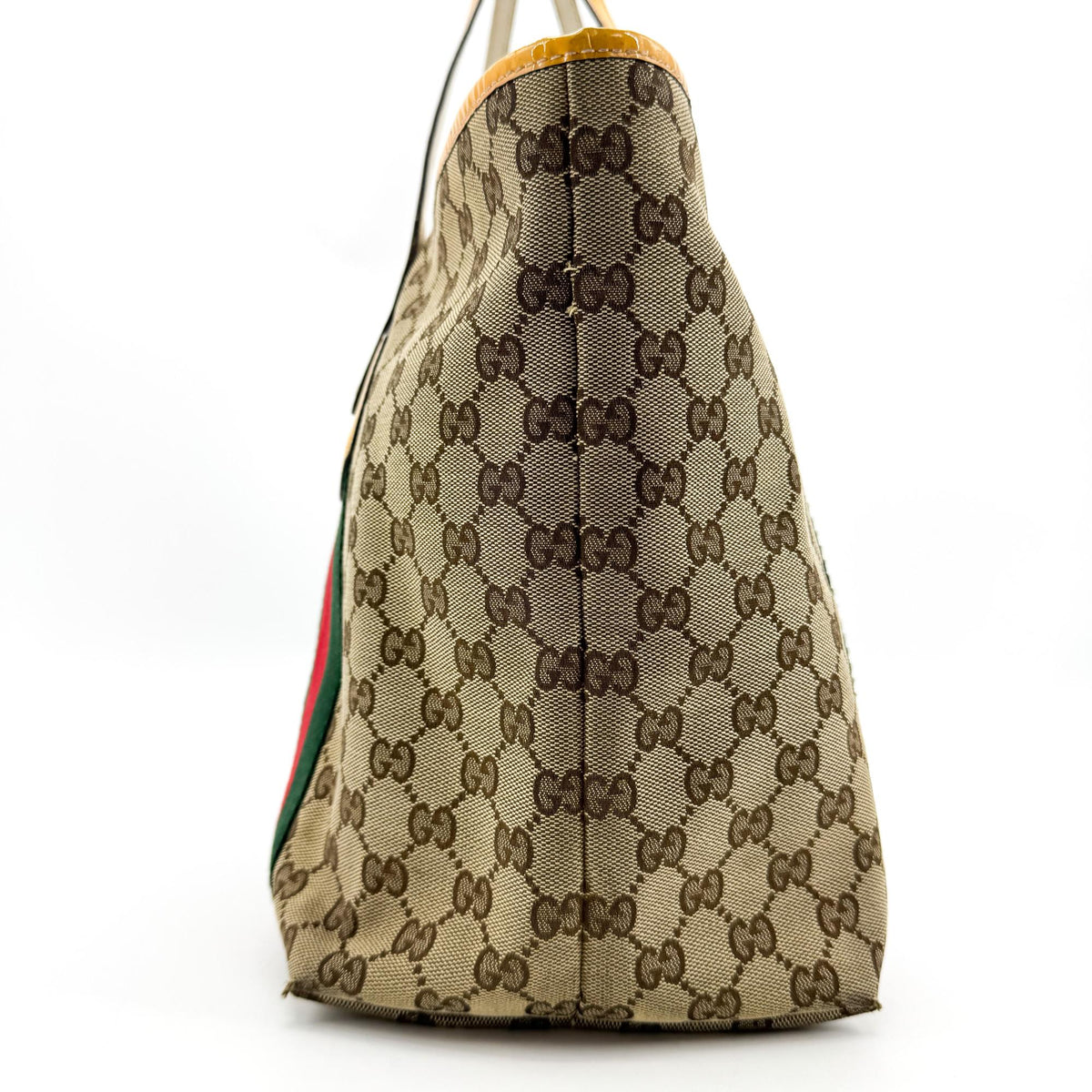 Gucci GG Canvas Web Jolie Patent Tote Bag Beige Yellow