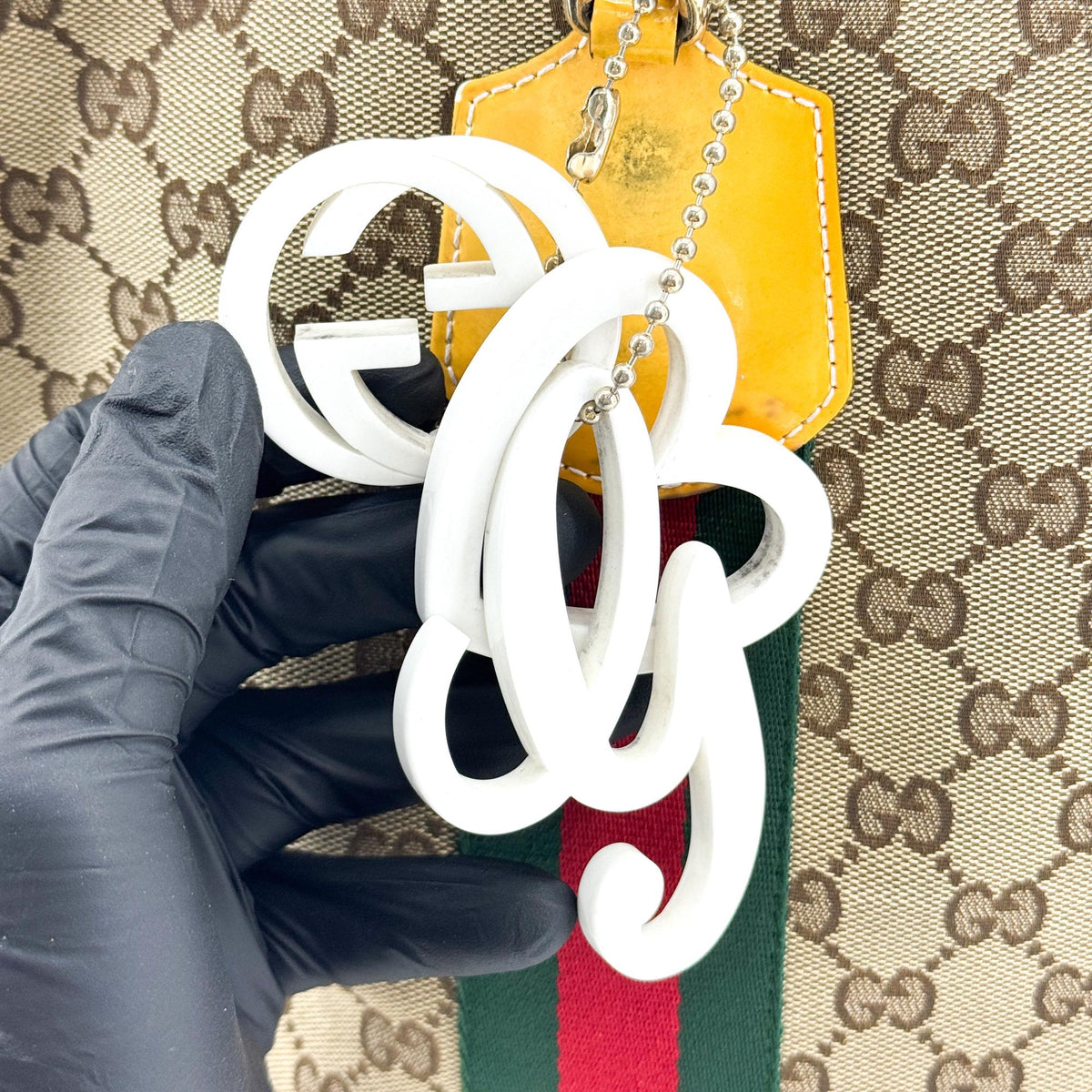 Gucci GG Canvas Web Jolie Patent Tote Bag Beige Yellow