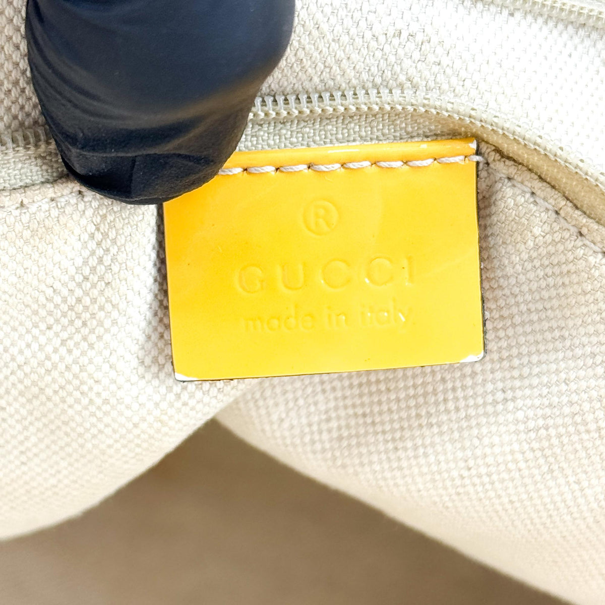 Gucci GG Canvas Web Jolie Patent Tote Bag Beige Yellow
