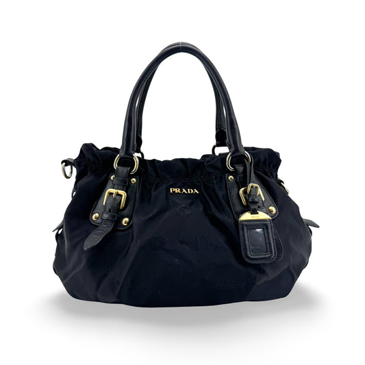 Prada Tessuto Nylon Gaufre Tote Bag Black Gold Hardware