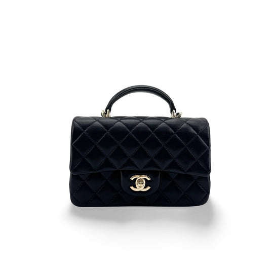 Chanel Classic Mini Top Handle Flap Bag Lambskin Gold Hardware Black