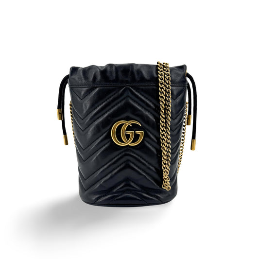 Gucci GG Marmont Mini Bucket Bag Black with Gold Hardware