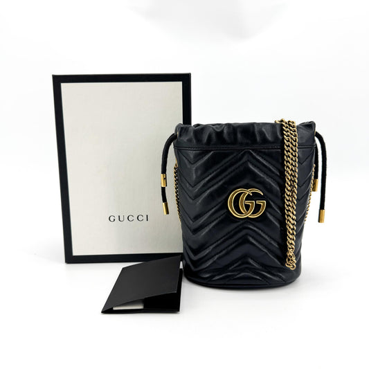 Gucci GG Marmont Mini Bucket Bag Black with Gold Hardware