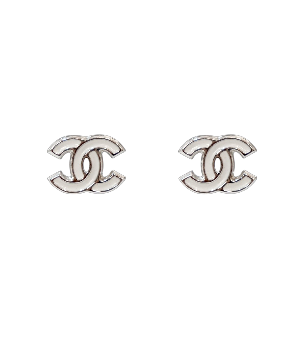 Chanel White CC Silver Earrings