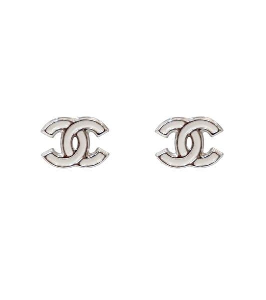 Chanel White CC Silver Earrings