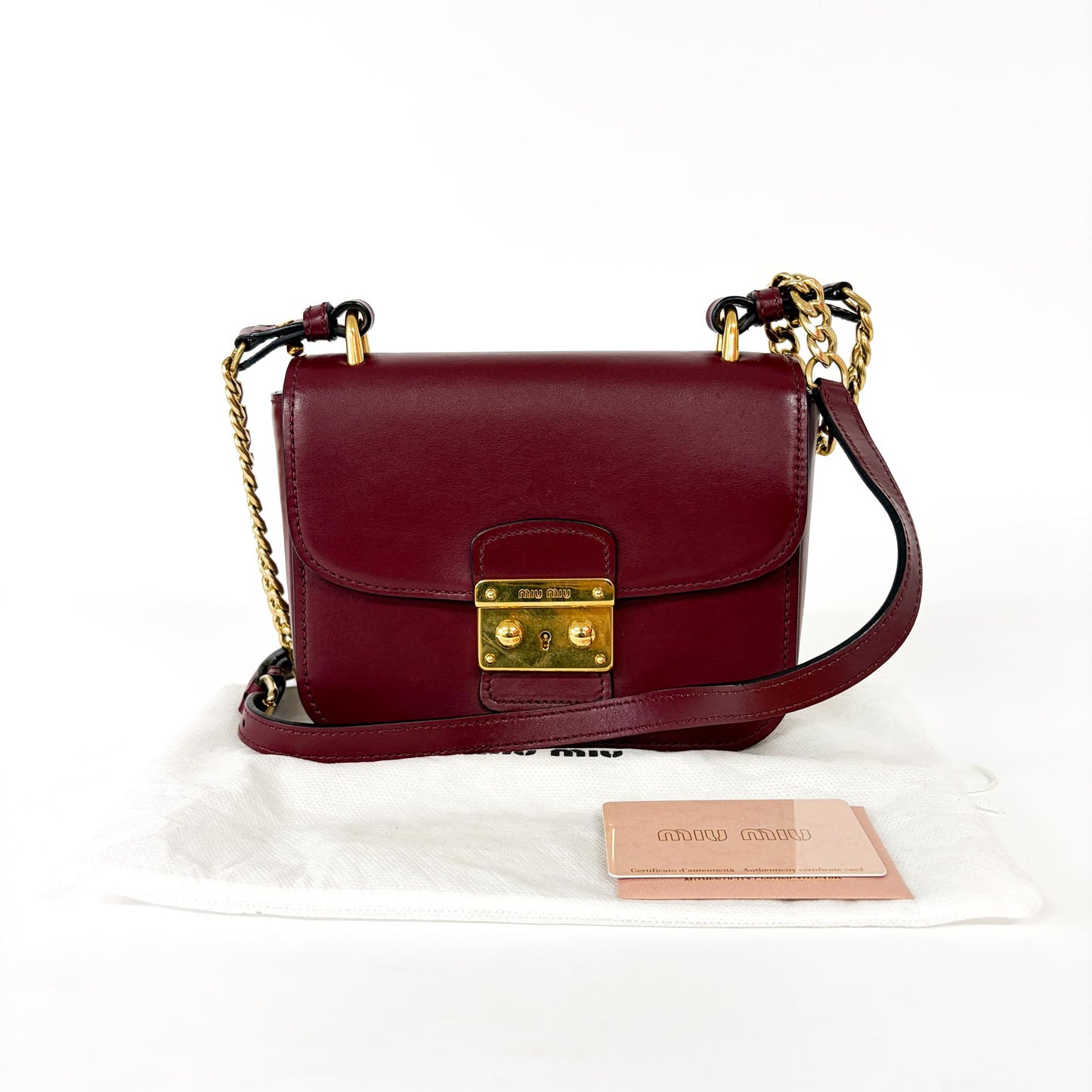 Miu Miu Madras leather shoulder bag in burgundy with gold hardware