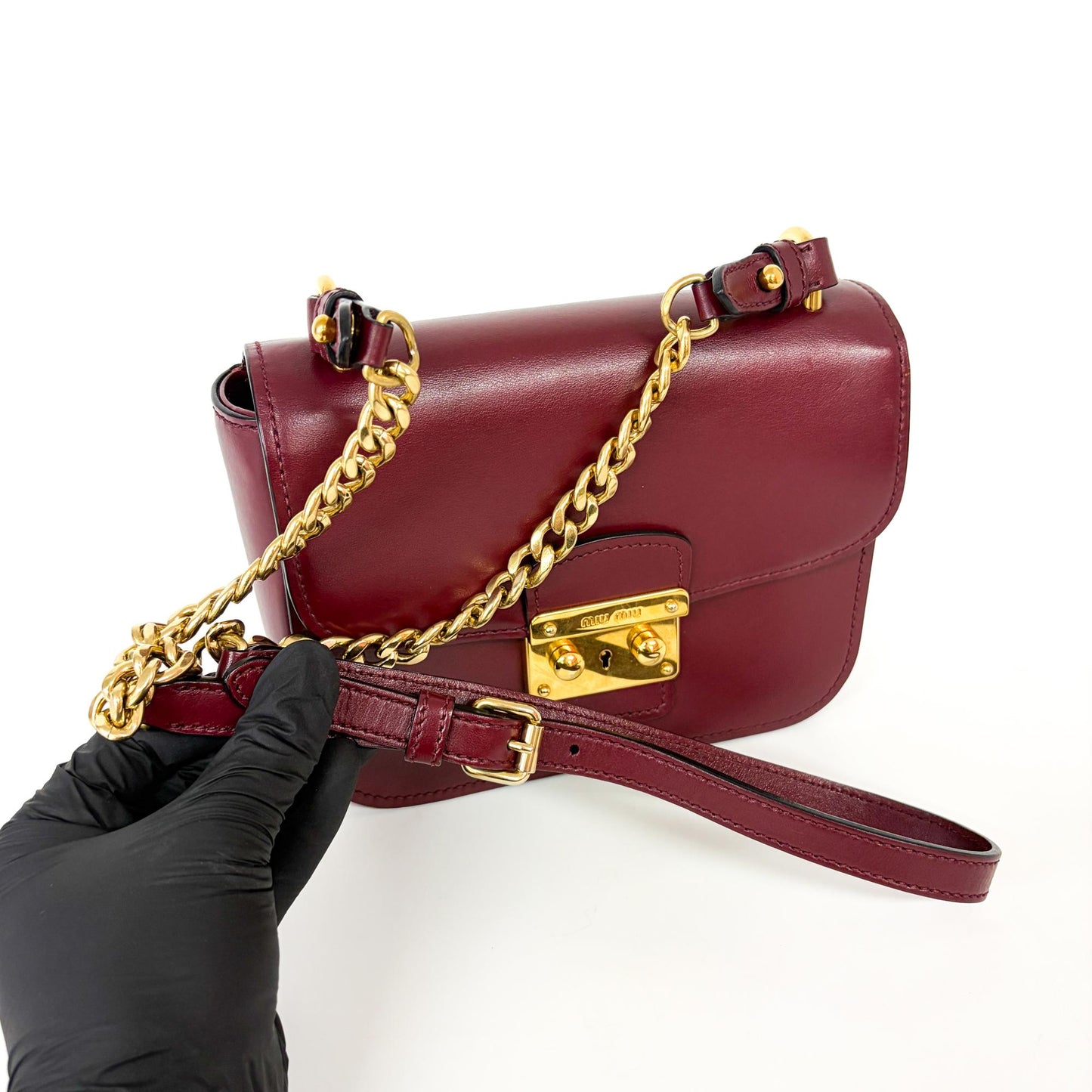 Miu Miu Madras leather shoulder bag in burgundy with gold hardware