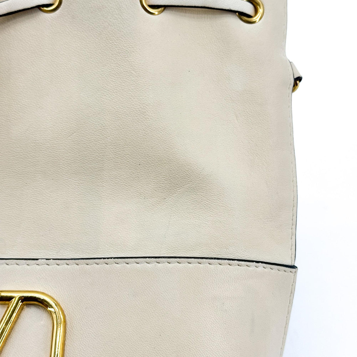 Valentino V-Logo Signature Leather Small Bucket Bag Ecru