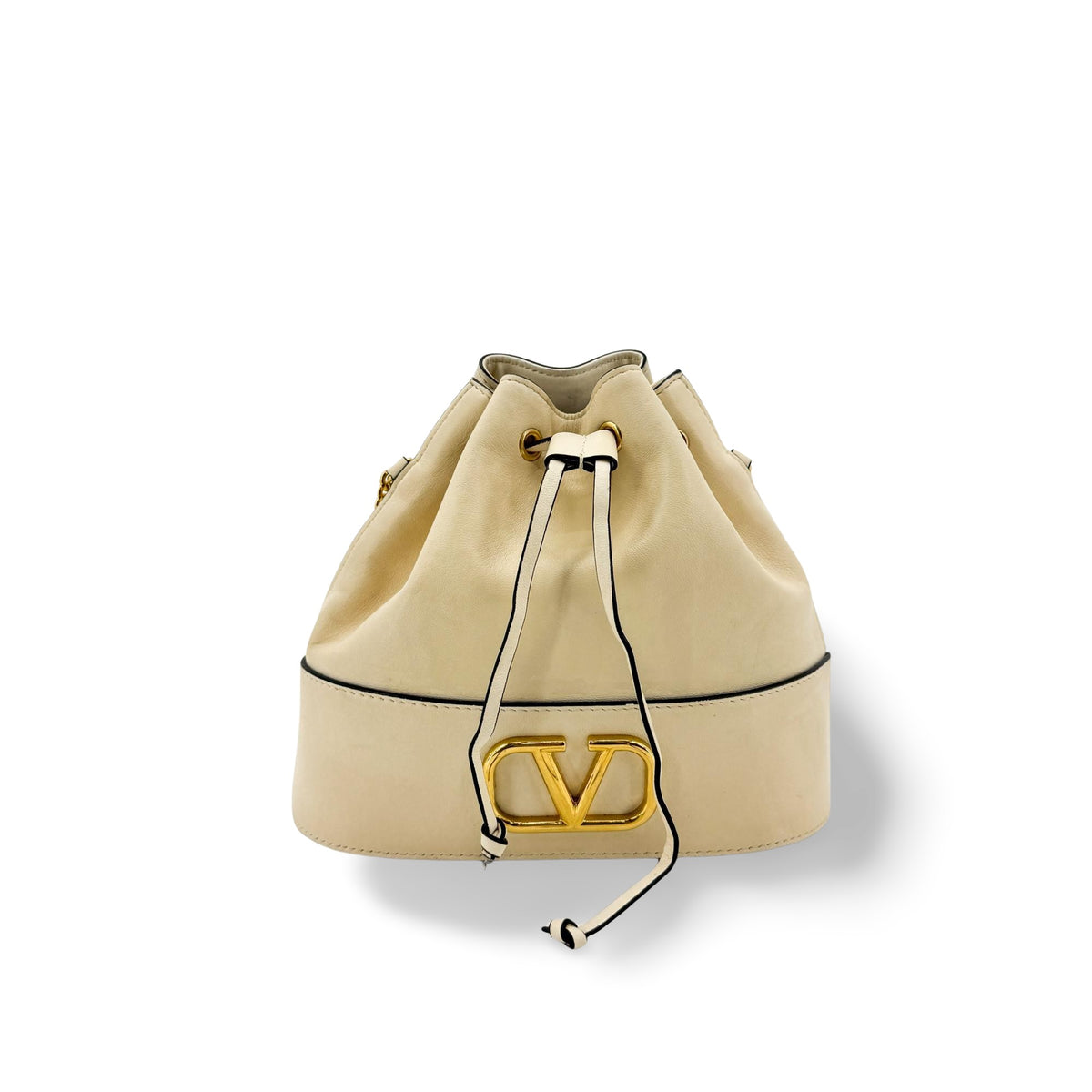 Valentino V-Logo Signature Leather Small Bucket Bag Ecru