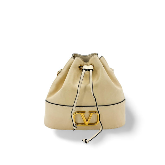 Valentino V-Logo Signature Leather Small Bucket Bag Ecru