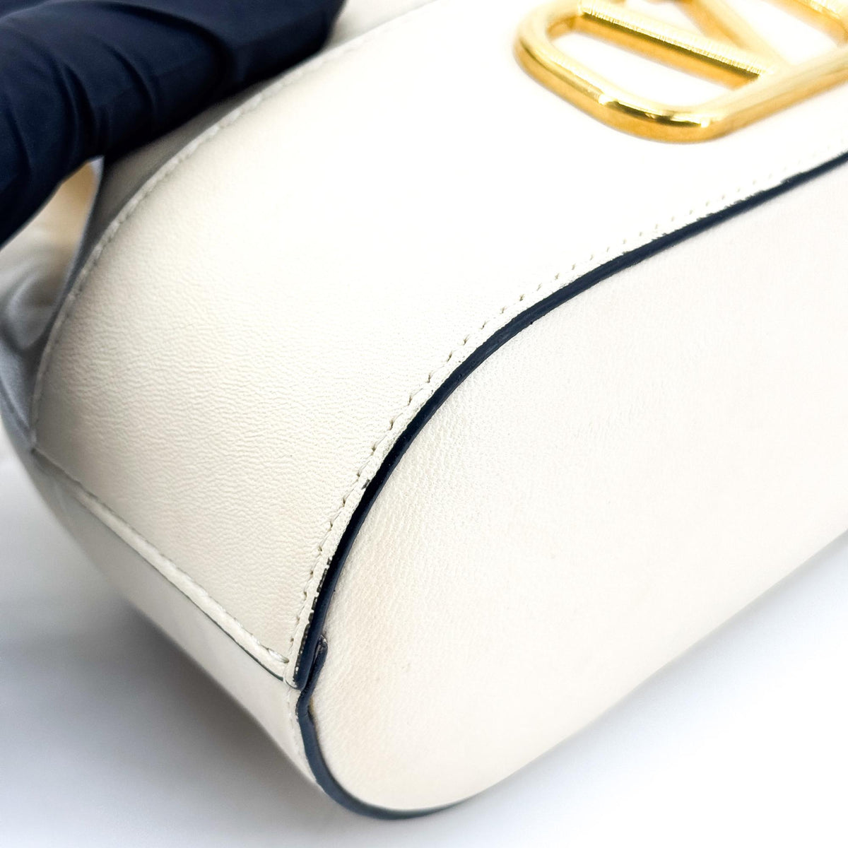 Valentino V-Logo Signature Leather Small Bucket Bag Ecru