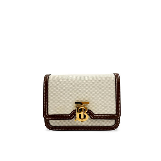 Burberry Micro Canvas Leather TB Bag Natural Malt Brown