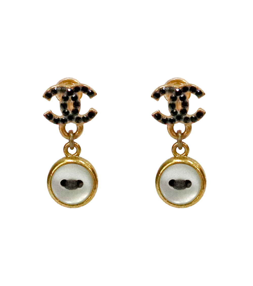 Chanel Black CC Button Gold Earrings