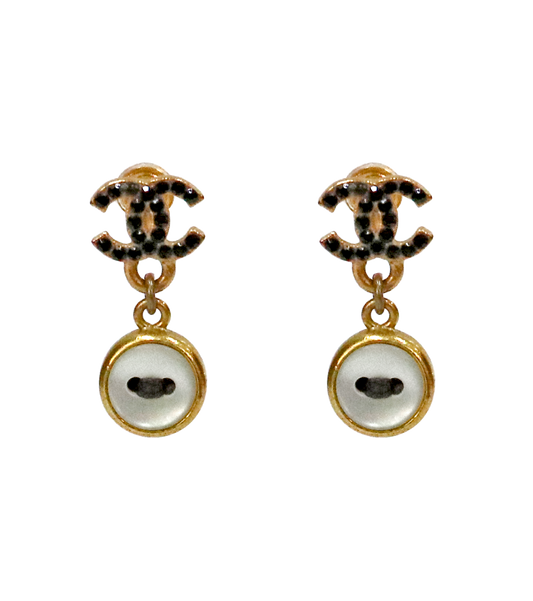 Chanel Black CC Button Gold Earrings