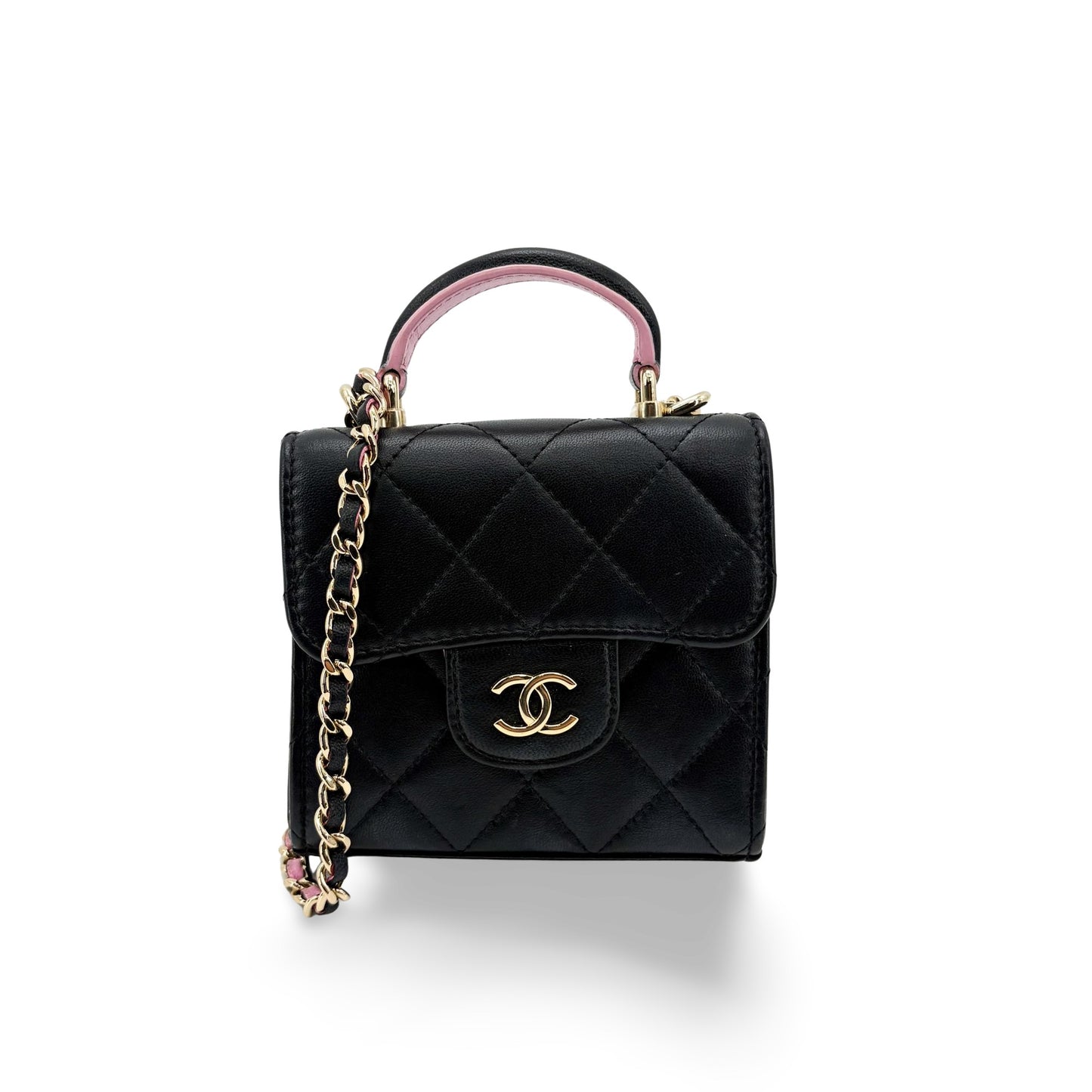 Chanel Lambskin Mini Top Handle Flap Bag Black Champagne Gold