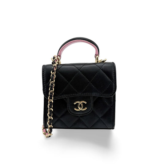 Chanel Lambskin Mini Top Handle Flap Bag Black Champagne Gold