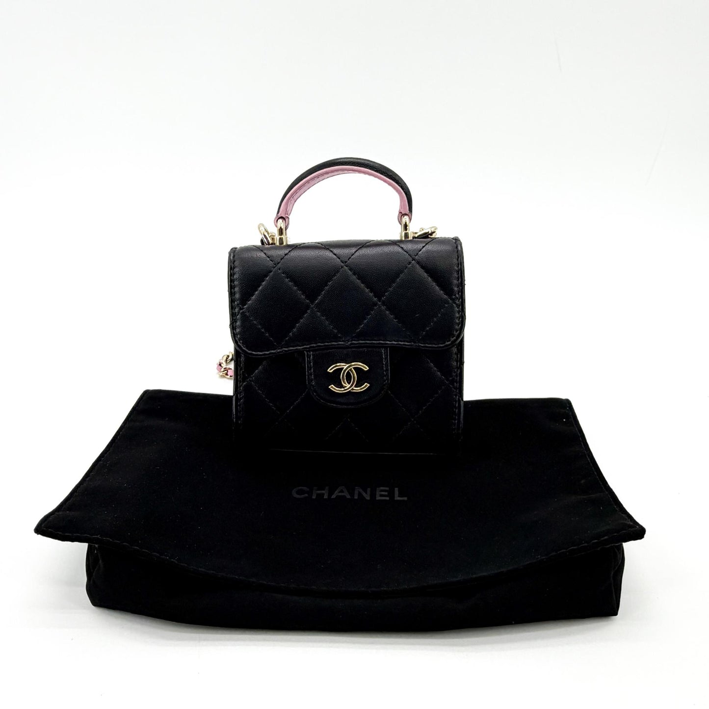 Chanel Lambskin Mini Top Handle Flap Bag Black Champagne Gold