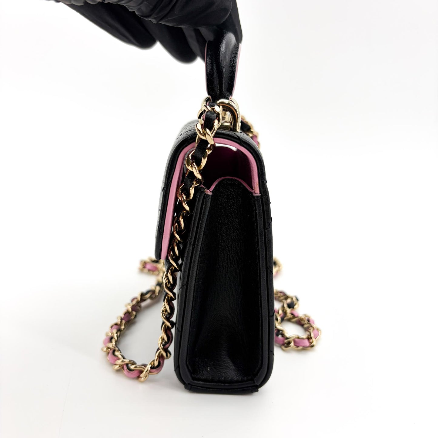 Chanel Lambskin Mini Top Handle Flap Bag Black Champagne Gold