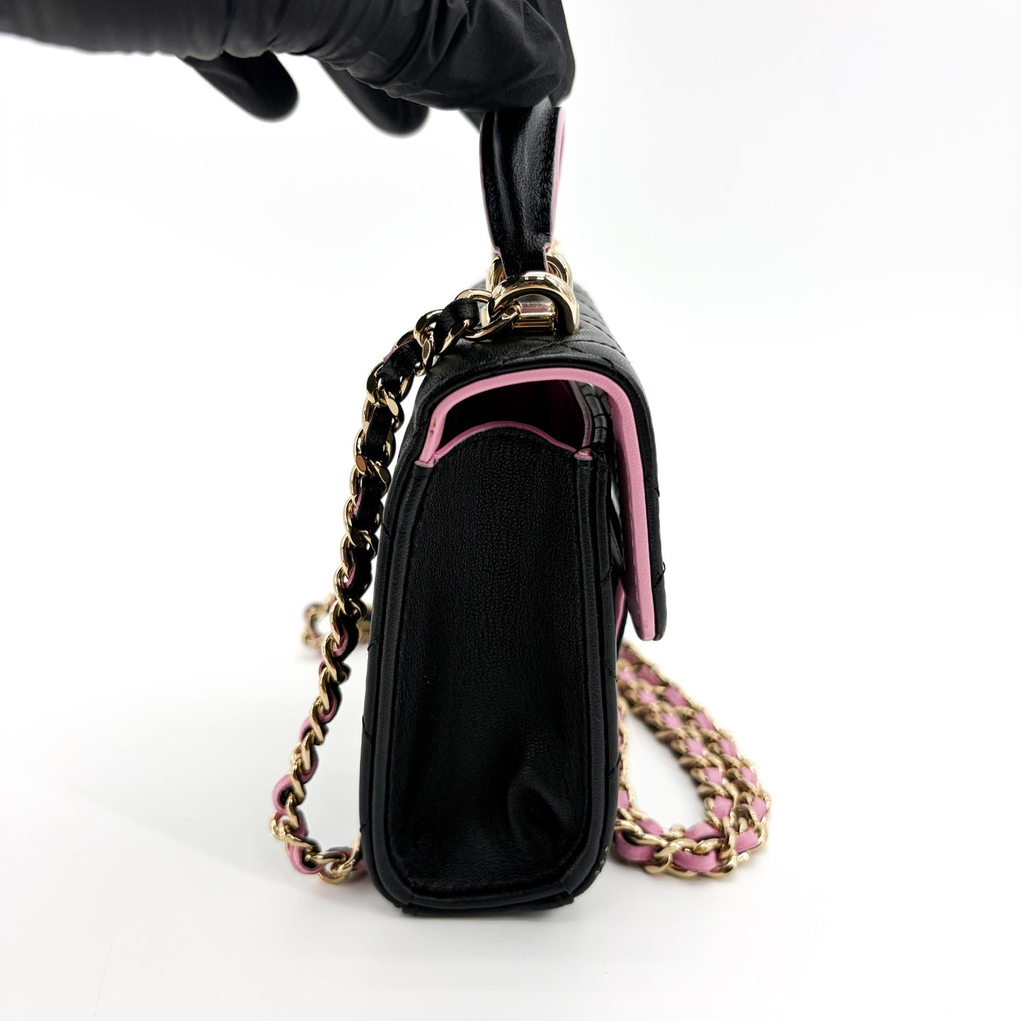 Chanel Lambskin Mini Top Handle Flap Bag Black Champagne Gold