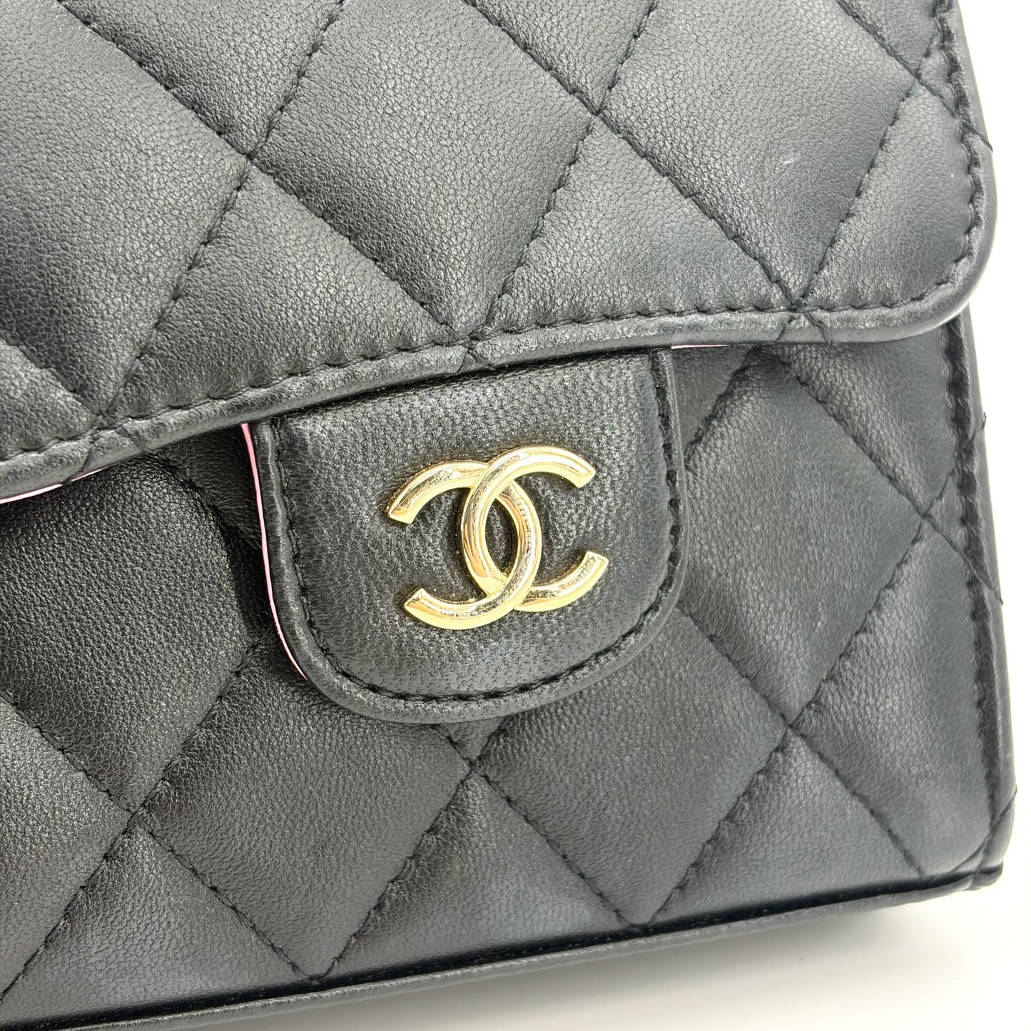 Chanel Lambskin Mini Top Handle Flap Bag Black Champagne Gold