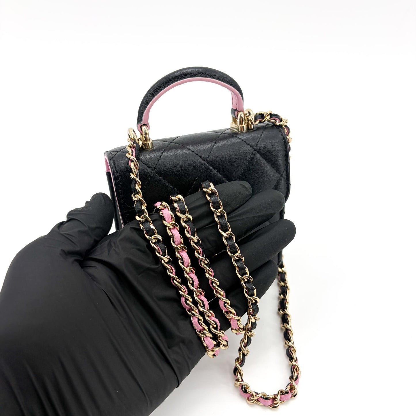 Chanel Lambskin Mini Top Handle Flap Bag Black Champagne Gold