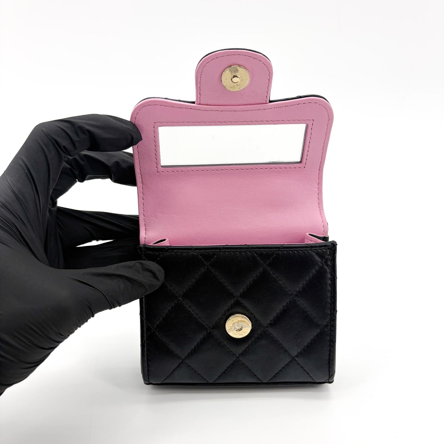 Chanel Lambskin Mini Top Handle Flap Bag Black Champagne Gold